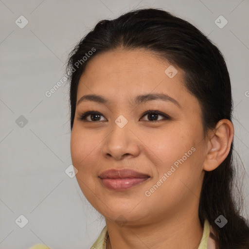 Joyful white young-adult female with medium  brown hair and brown eyes