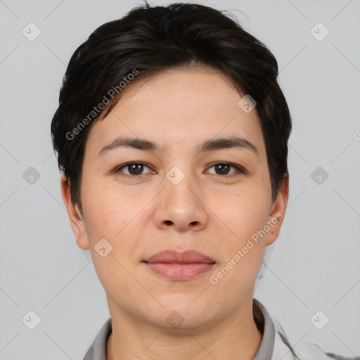 Joyful white young-adult female with short  black hair and brown eyes