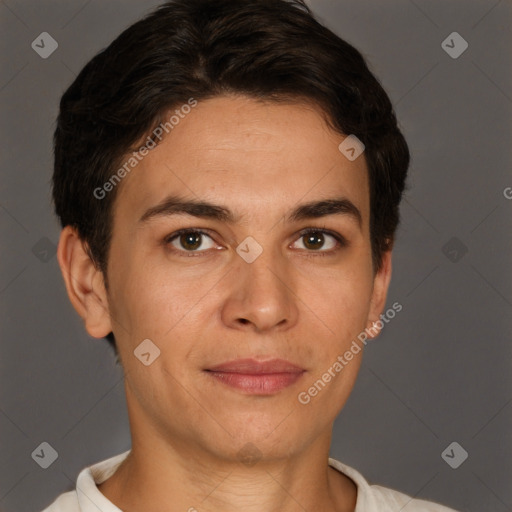 Joyful white young-adult male with short  brown hair and brown eyes