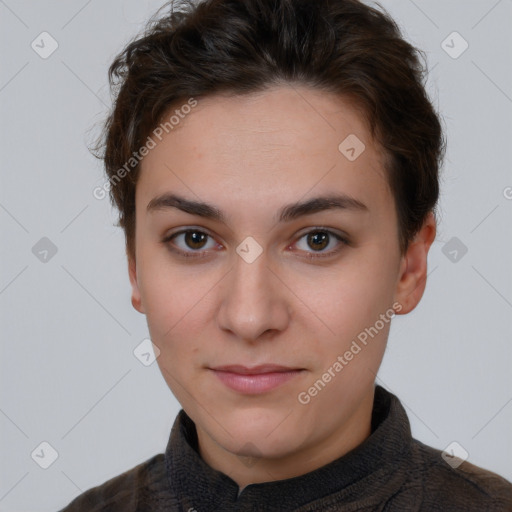 Neutral white young-adult female with short  brown hair and brown eyes