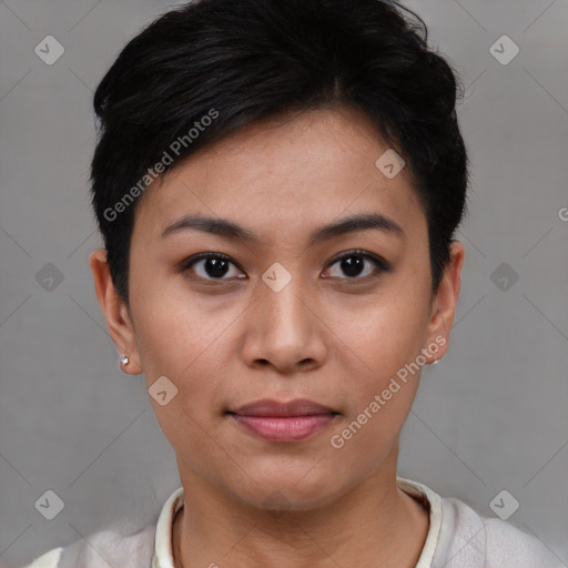 Joyful asian young-adult female with short  black hair and brown eyes