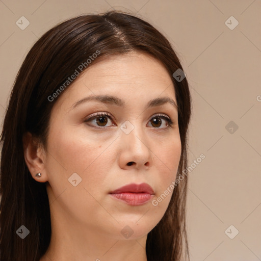 Neutral white young-adult female with long  brown hair and brown eyes