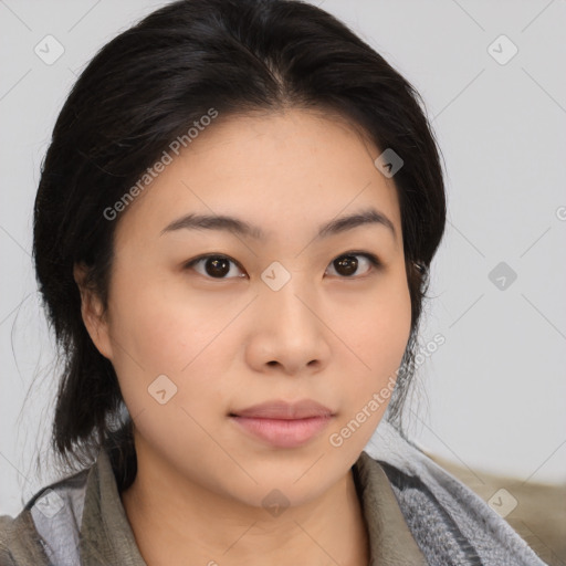 Neutral asian young-adult female with medium  brown hair and brown eyes