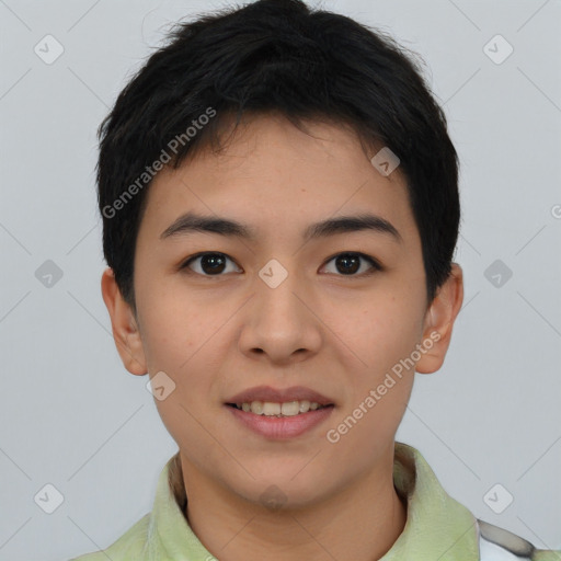 Joyful asian young-adult female with short  black hair and brown eyes