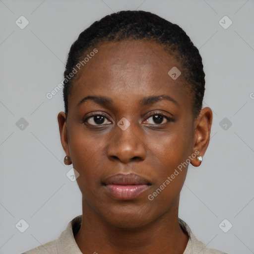 Neutral black young-adult female with short  black hair and brown eyes