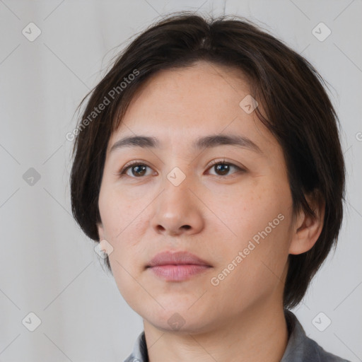 Neutral white young-adult female with medium  brown hair and brown eyes