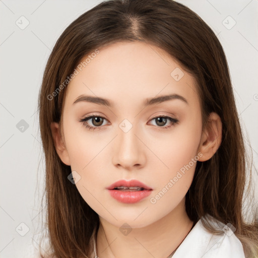 Neutral white young-adult female with long  brown hair and brown eyes