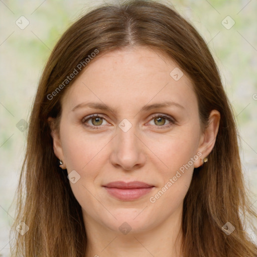 Joyful white young-adult female with long  brown hair and green eyes