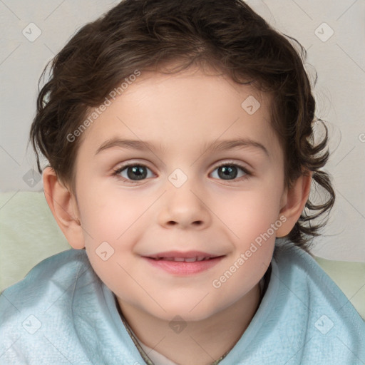 Joyful white child female with short  brown hair and brown eyes