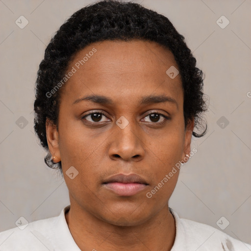 Neutral black young-adult female with short  black hair and brown eyes