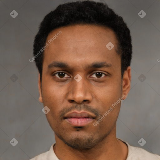 Neutral latino young-adult male with short  black hair and brown eyes