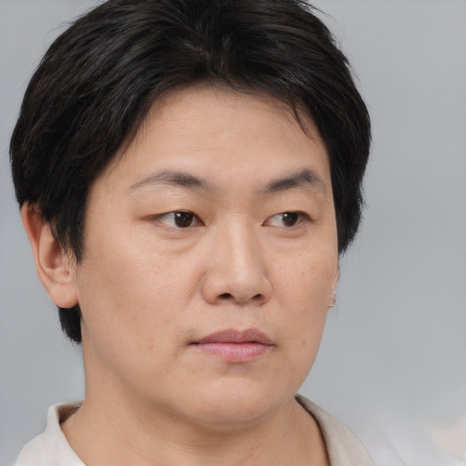 Neutral asian young-adult female with short  brown hair and brown eyes