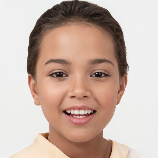 Joyful white child female with short  brown hair and brown eyes