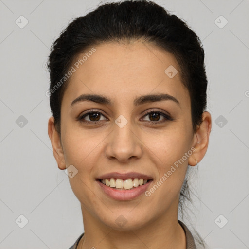 Joyful white young-adult female with short  brown hair and brown eyes