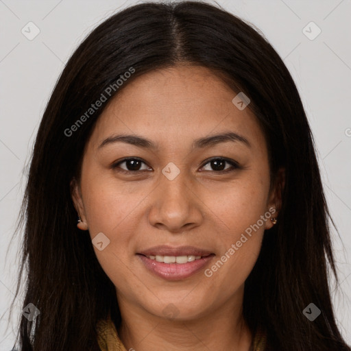 Joyful latino young-adult female with long  brown hair and brown eyes