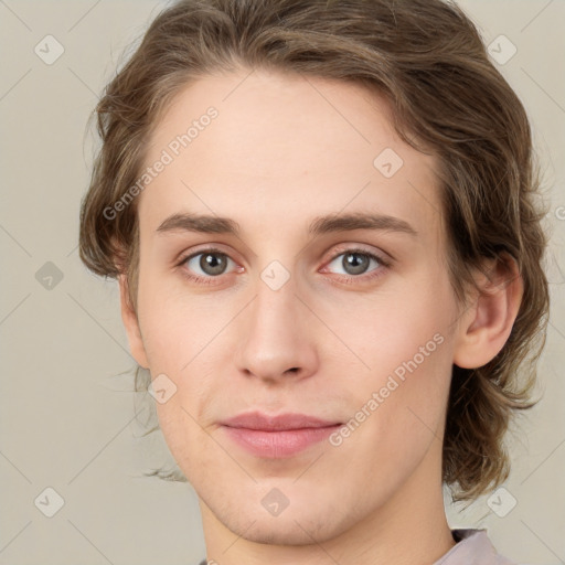 Joyful white young-adult female with medium  brown hair and green eyes