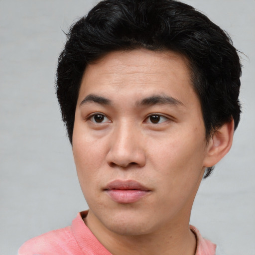 Joyful asian young-adult male with short  black hair and brown eyes