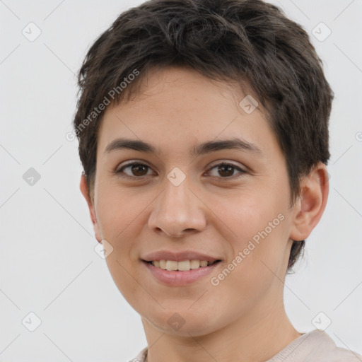 Joyful white young-adult female with short  brown hair and brown eyes