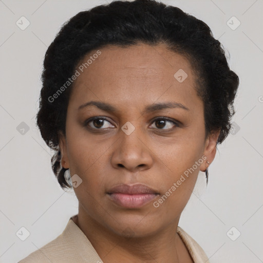 Neutral black young-adult female with short  brown hair and brown eyes