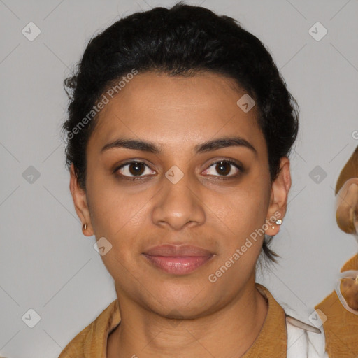 Joyful latino young-adult female with short  brown hair and brown eyes