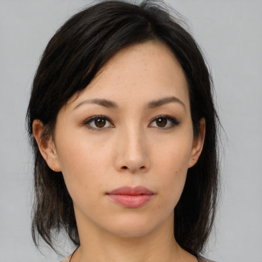 Neutral asian young-adult female with medium  brown hair and brown eyes