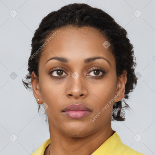 Neutral black young-adult female with short  black hair and brown eyes