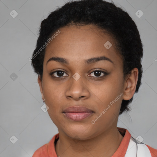 Joyful latino young-adult female with short  black hair and brown eyes