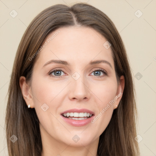 Joyful white young-adult female with long  brown hair and grey eyes