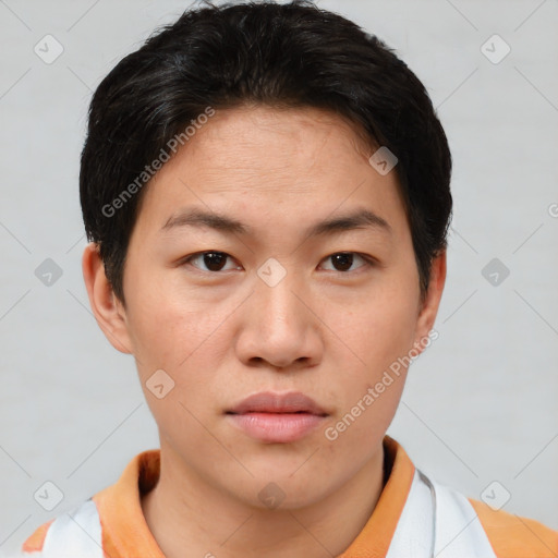 Neutral asian young-adult female with short  brown hair and brown eyes
