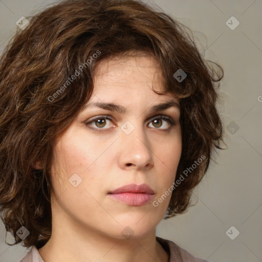 Neutral white young-adult female with medium  brown hair and green eyes