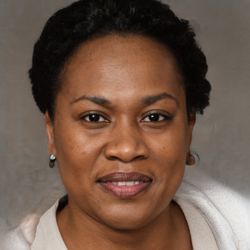 Joyful black adult female with short  black hair and brown eyes