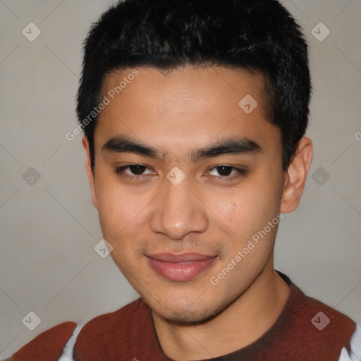 Joyful latino young-adult male with short  black hair and brown eyes