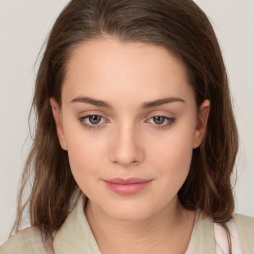 Neutral white young-adult female with medium  brown hair and brown eyes