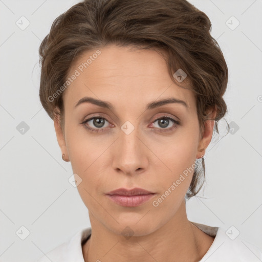 Neutral white young-adult female with short  brown hair and brown eyes