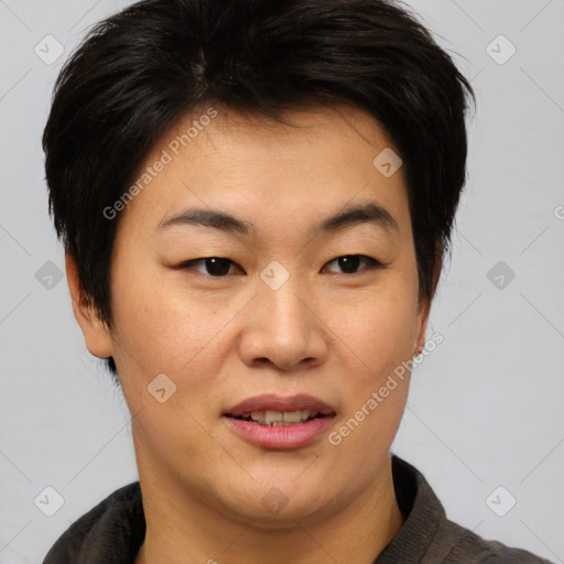 Joyful asian young-adult female with short  brown hair and brown eyes