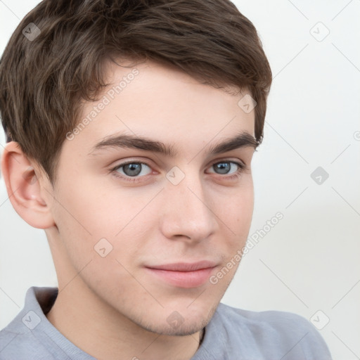 Neutral white young-adult male with short  brown hair and grey eyes