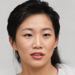 Neutral asian young-adult female with medium  brown hair and brown eyes