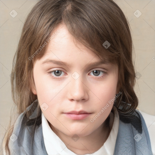 Neutral white child female with medium  brown hair and grey eyes