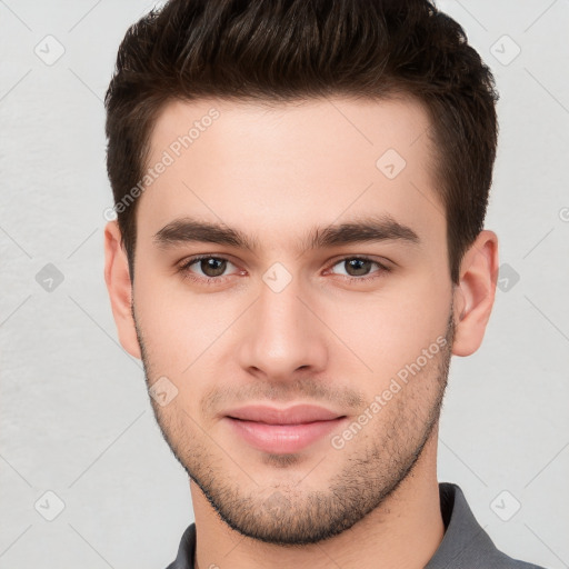 Neutral white young-adult male with short  brown hair and brown eyes