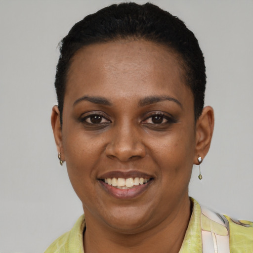 Joyful black young-adult female with short  black hair and brown eyes