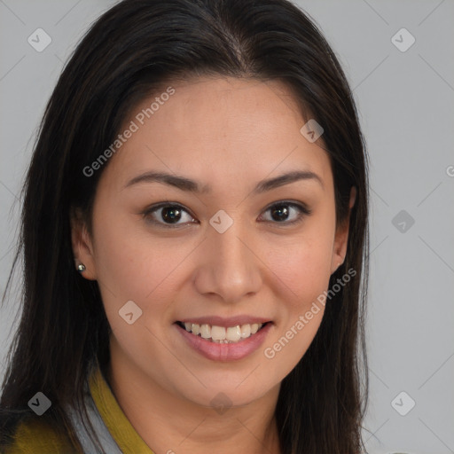 Joyful asian young-adult female with long  brown hair and brown eyes