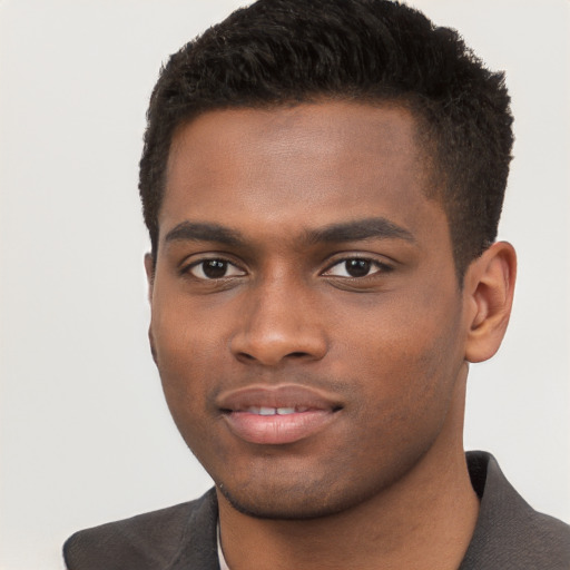 Joyful black young-adult male with short  brown hair and brown eyes