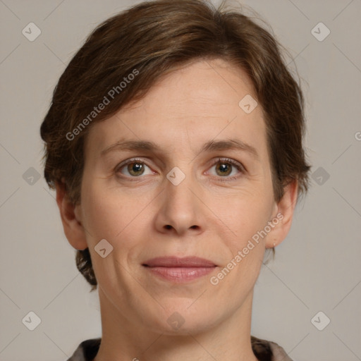 Joyful white adult female with medium  brown hair and green eyes