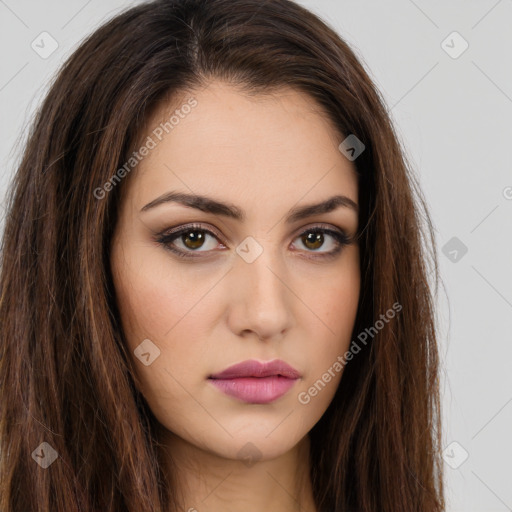 Neutral white young-adult female with long  brown hair and brown eyes