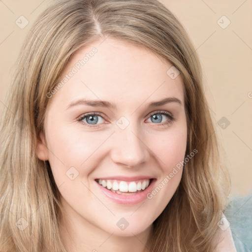 Joyful white young-adult female with long  brown hair and green eyes