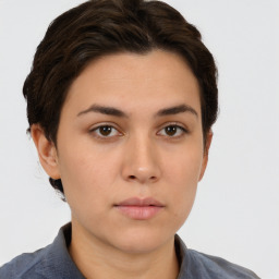 Neutral white young-adult female with short  brown hair and brown eyes