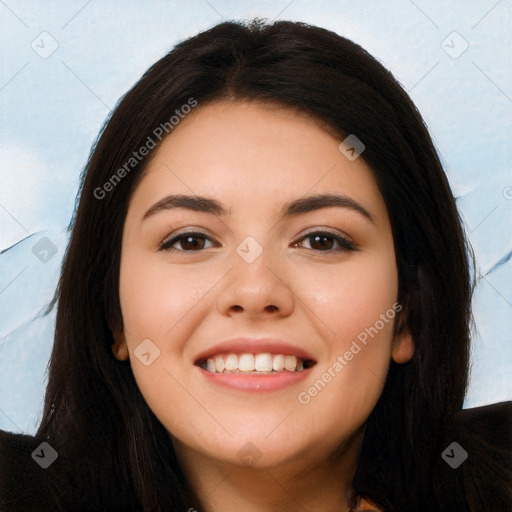 Joyful white young-adult female with long  black hair and brown eyes