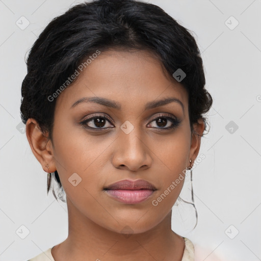 Joyful latino young-adult female with medium  black hair and brown eyes