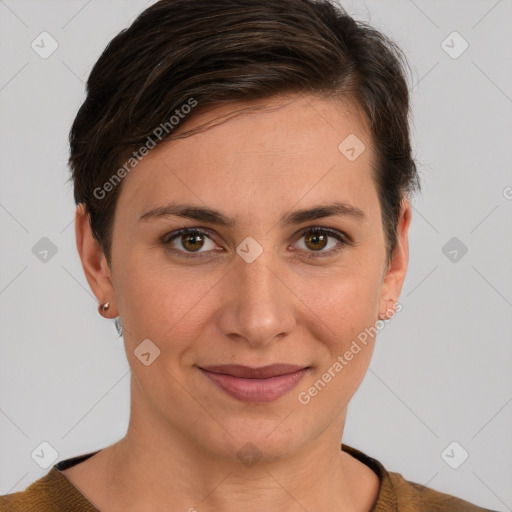 Joyful white young-adult female with short  brown hair and brown eyes