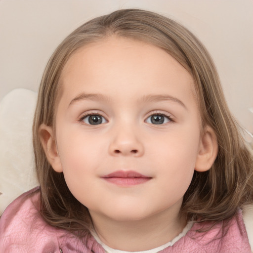 Joyful white child female with medium  brown hair and grey eyes